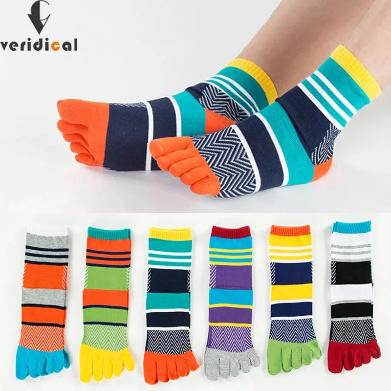 Organic Cotton Five Finger Short Socks Bright Color Stripe Street Fashion Young Casual Harajuku Happy Funny Socks With Toes