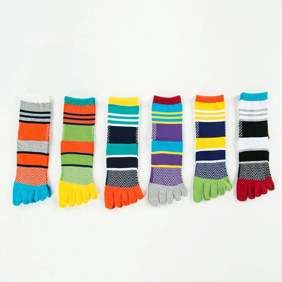 Organic Cotton Five Finger Short Socks Bright Color Stripe Street Fashion Young Casual Harajuku Happy Funny Socks With Toes