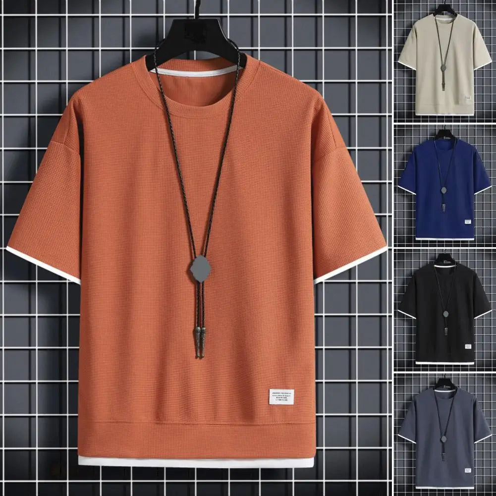 Multi-layered Men Top Men's Summer Waffle Texture Two-piece T-shirt With Loose Fit Half Sleeves Plus Size Streetwear For Outdoor
