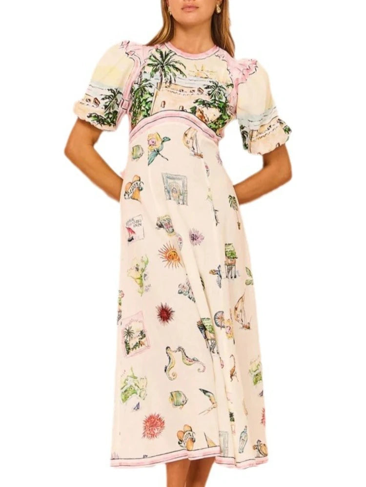Women Casual Print Empire Waist Long Dress Short Sleeve Comfortable Loose Vintage Robe Party Club Vestidos