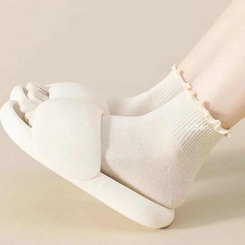 Cotton Five Finger Socks for Woman Edge Curl Fashions White Loose Harajuku Short Socks with Toes Japanese Split Toe Socks