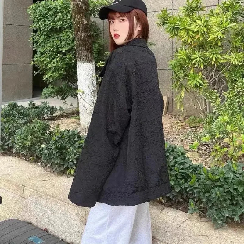 Chic Texture Solid Jackets Women Simple Ruched Loose Leisure Coats Spring Students Fashion All-match Plus Size Overcoats Ins New