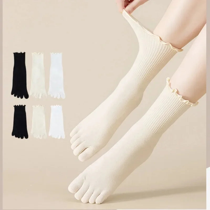 Cotton Five Finger Socks for Woman Edge Curl Fashions White Loose Harajuku Short Socks with Toes Japanese Split Toe Socks