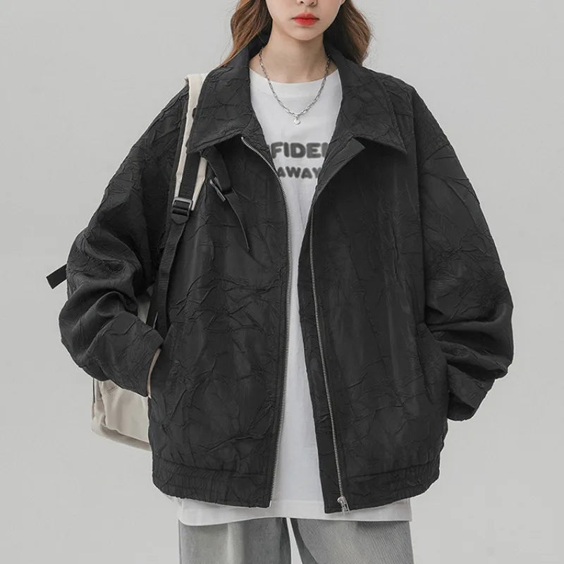 Chic Texture Solid Jackets Women Simple Ruched Loose Leisure Coats Spring Students Fashion All-match Plus Size Overcoats Ins New