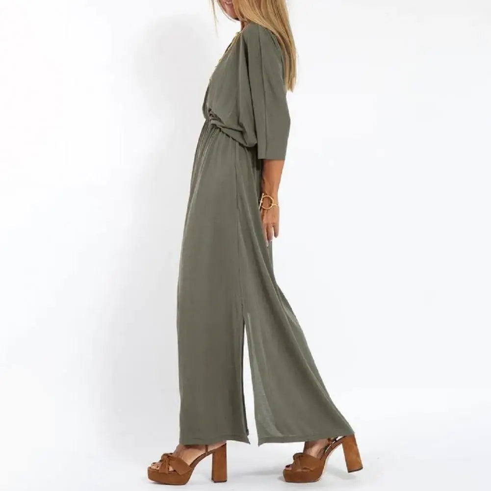 Comfortable Long Dress Elegant V-neck Split Dress for Women Loose Fit High Waisted Solid Color Spring Summer Shirt