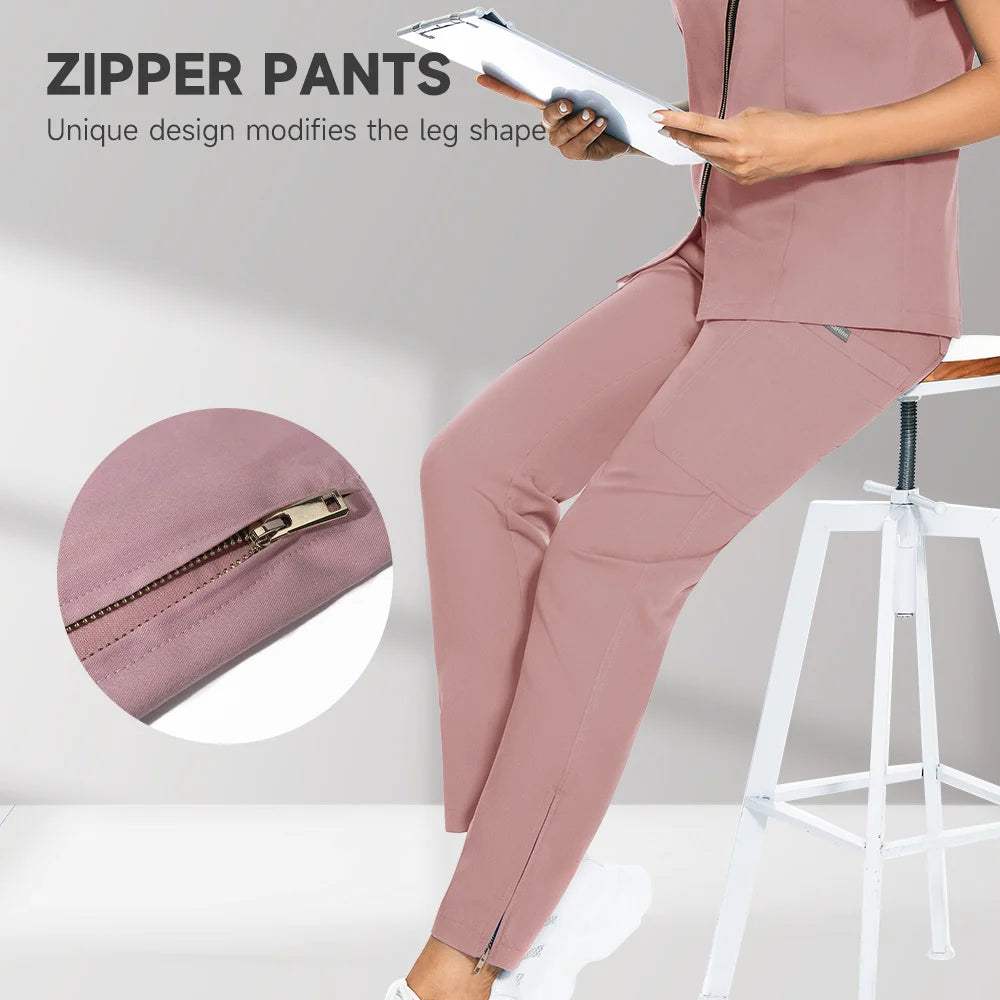 High Quality Zipper Scrubs Pants Elastic Waist Multi Pocket Work Uniform Summer Pants Dental Clinic Veterinary Fashion Pants