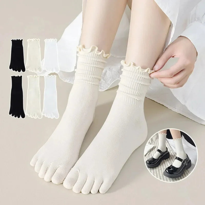 Cotton Five Finger Socks for Woman Edge Curl Fashions White Loose Harajuku Short Socks with Toes Japanese Split Toe Socks