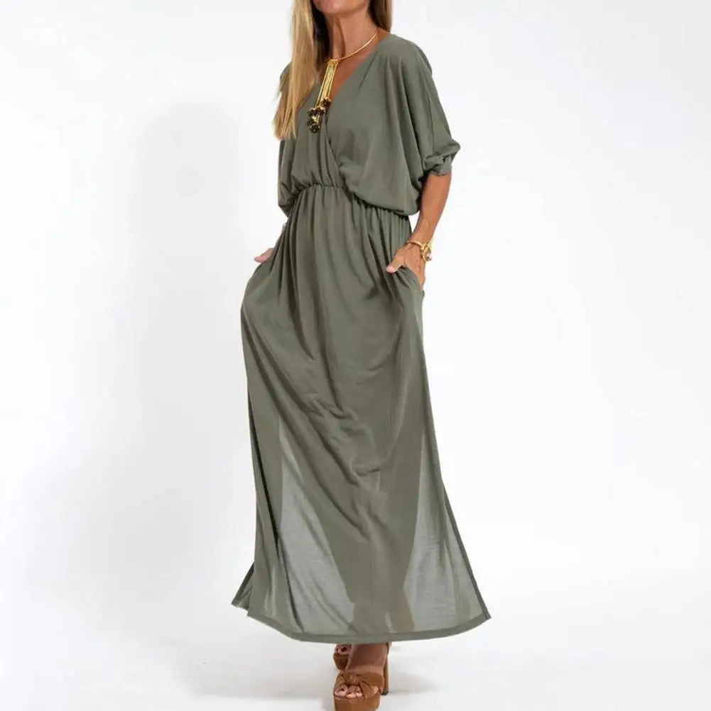 Comfortable Long Dress Elegant V-neck Split Dress for Women Loose Fit High Waisted Solid Color Spring Summer Shirt