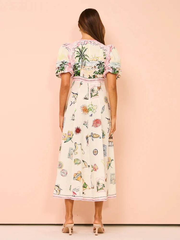 Women Casual Print Empire Waist Long Dress Short Sleeve Comfortable Loose Vintage Robe Party Club Vestidos