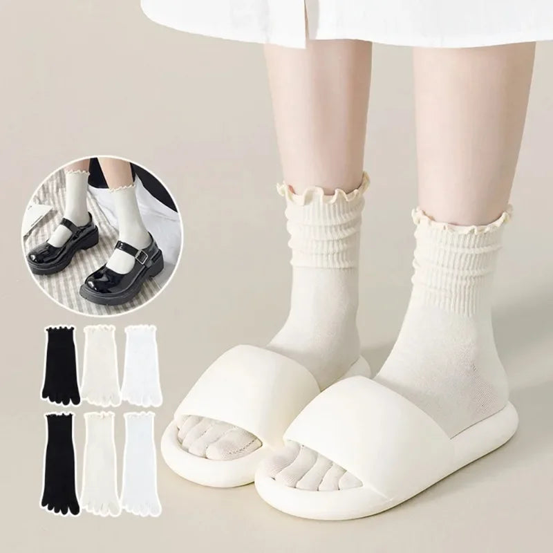 Cotton Five Finger Socks for Woman Edge Curl Fashions White Loose Harajuku Short Socks with Toes Japanese Split Toe Socks