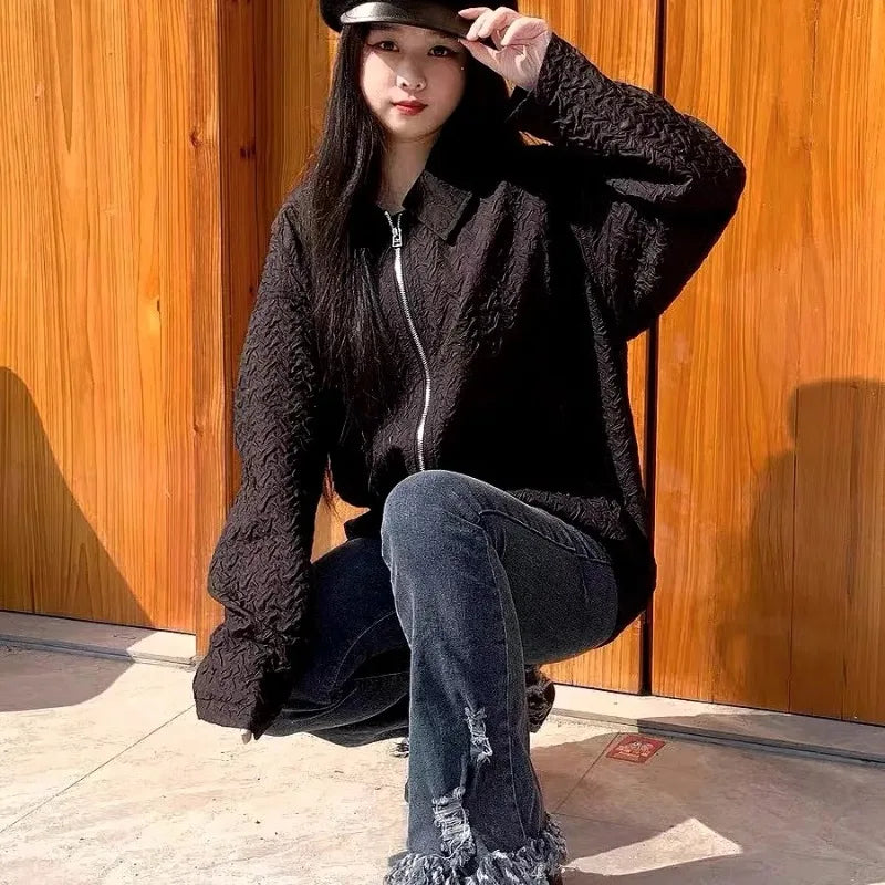Chic Texture Solid Jackets Women Simple Ruched Loose Leisure Coats Spring Students Fashion All-match Plus Size Overcoats Ins New