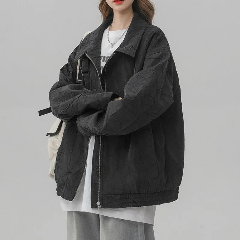Chic Texture Solid Jackets Women Simple Ruched Loose Leisure Coats Spring Students Fashion All-match Plus Size Overcoats Ins New