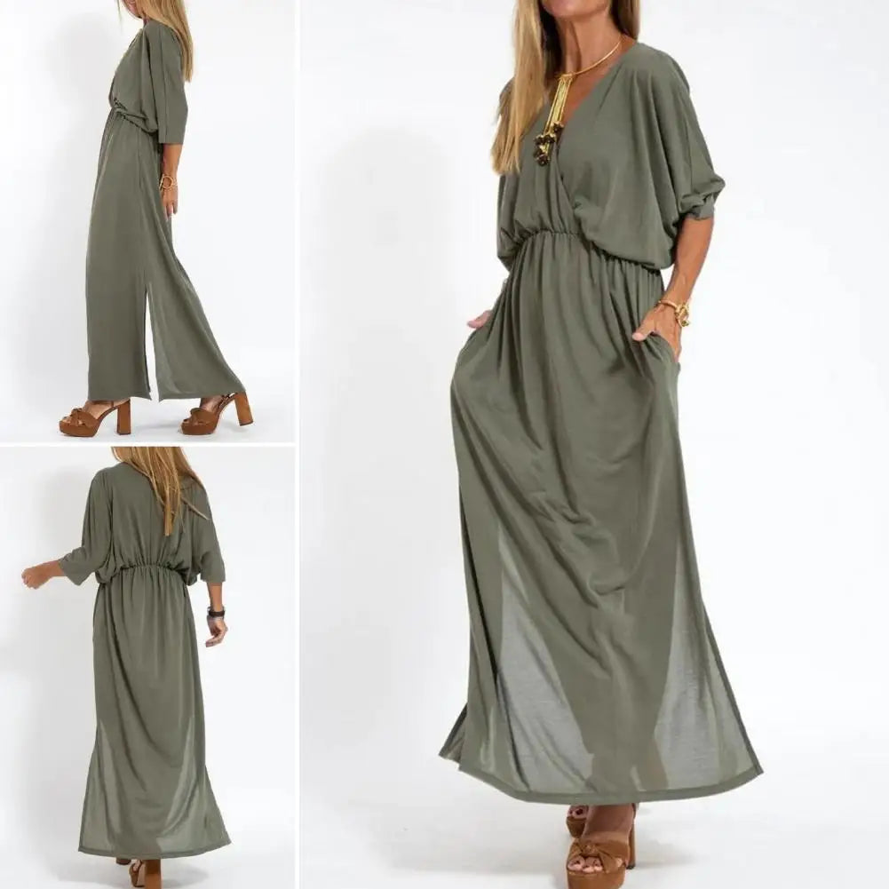 Comfortable Long Dress Elegant V-neck Split Dress for Women Loose Fit High Waisted Solid Color Spring Summer Shirt
