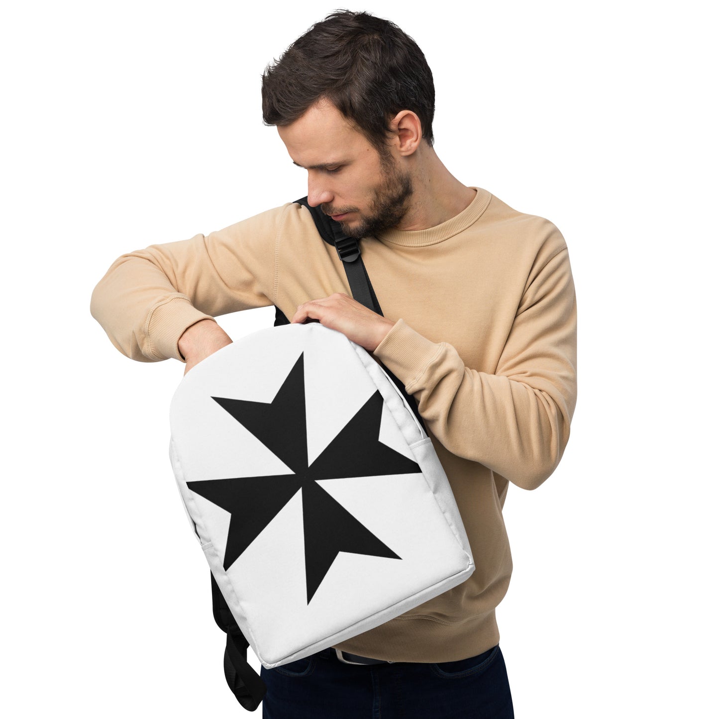 Minimalist Backpack with Stylish Malta Cross Design (White) – Sleek & Durable Travel Companion