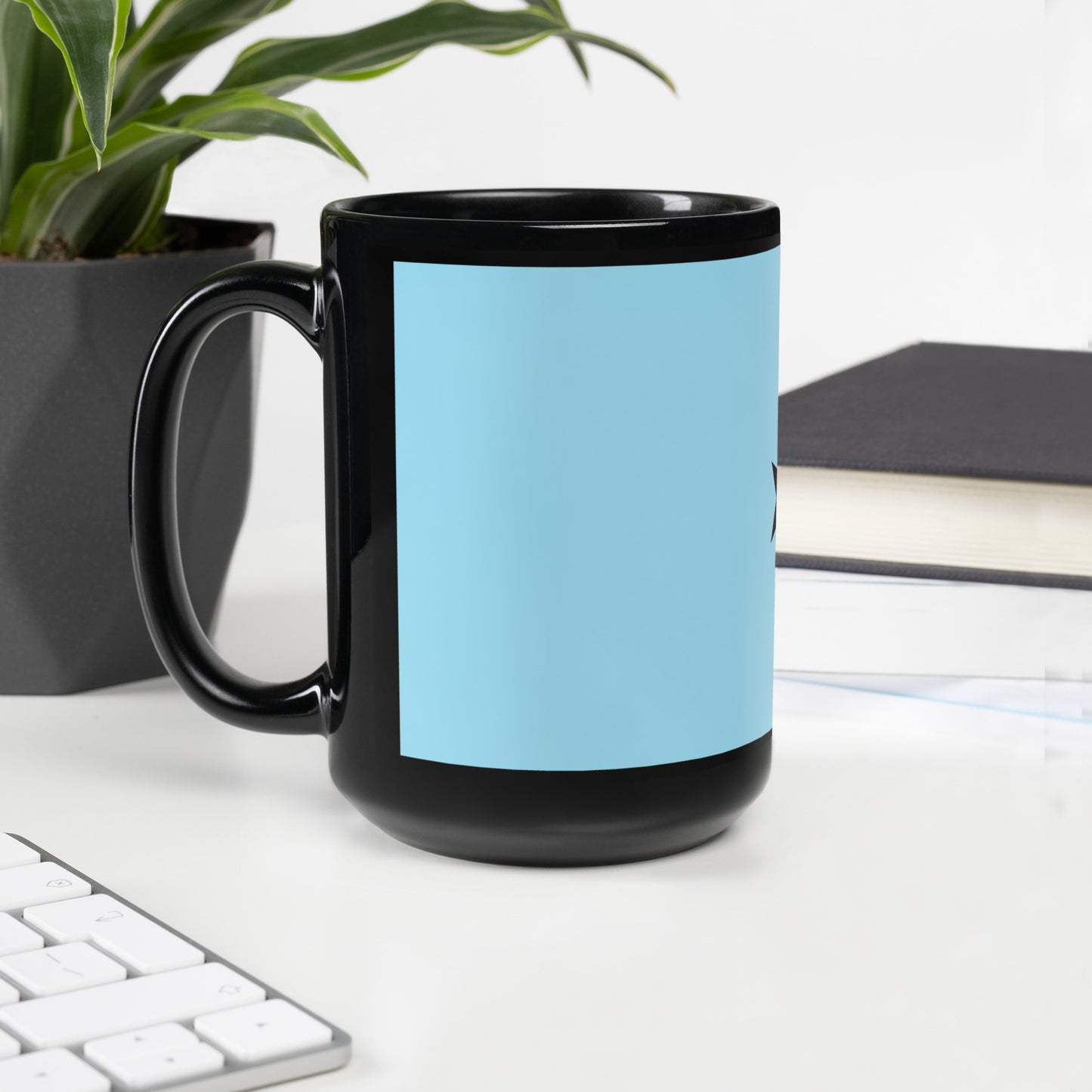 Glossy Mug with Malta Cross Design (Black) - Elegant Coffee Cup with Black and Baby Blue Background