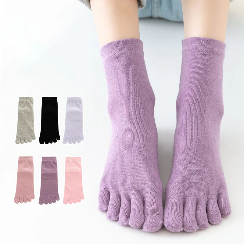 Solid Color Cotton Five Toe Socks Grey Black Middle Tube Socks Women's Socks Autumn Winter warm Breathable Five Fingers Socks