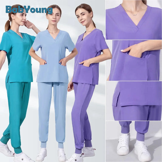 Solid Color Women Surgical Gown Pocket V-neck Scrubs Sets for Women Joggers Wholesale Fashion Scrubs Suits Hospital Uniform Sets