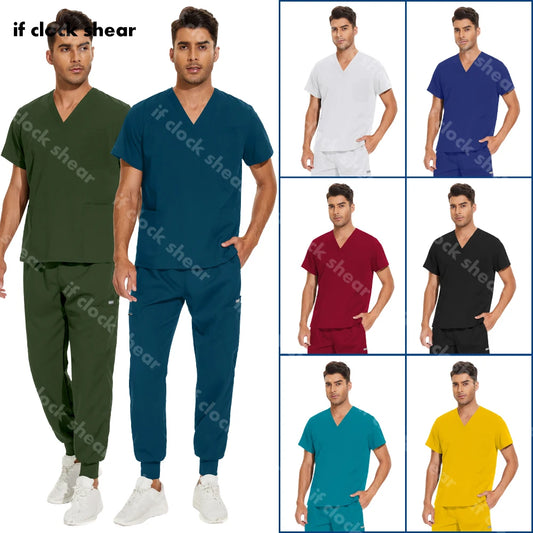 V-neck Solid Color Surgical Workwear Unisex Scrub Suit High Quality Hospital Doctor Nursing Uniform Dentist Scrub Jogger Set Men