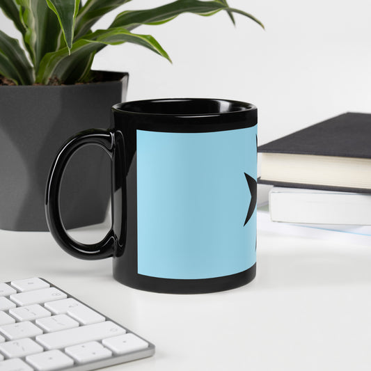 Glossy Mug with Malta Cross Design (Black) - Elegant Coffee Cup with Black and Baby Blue Background