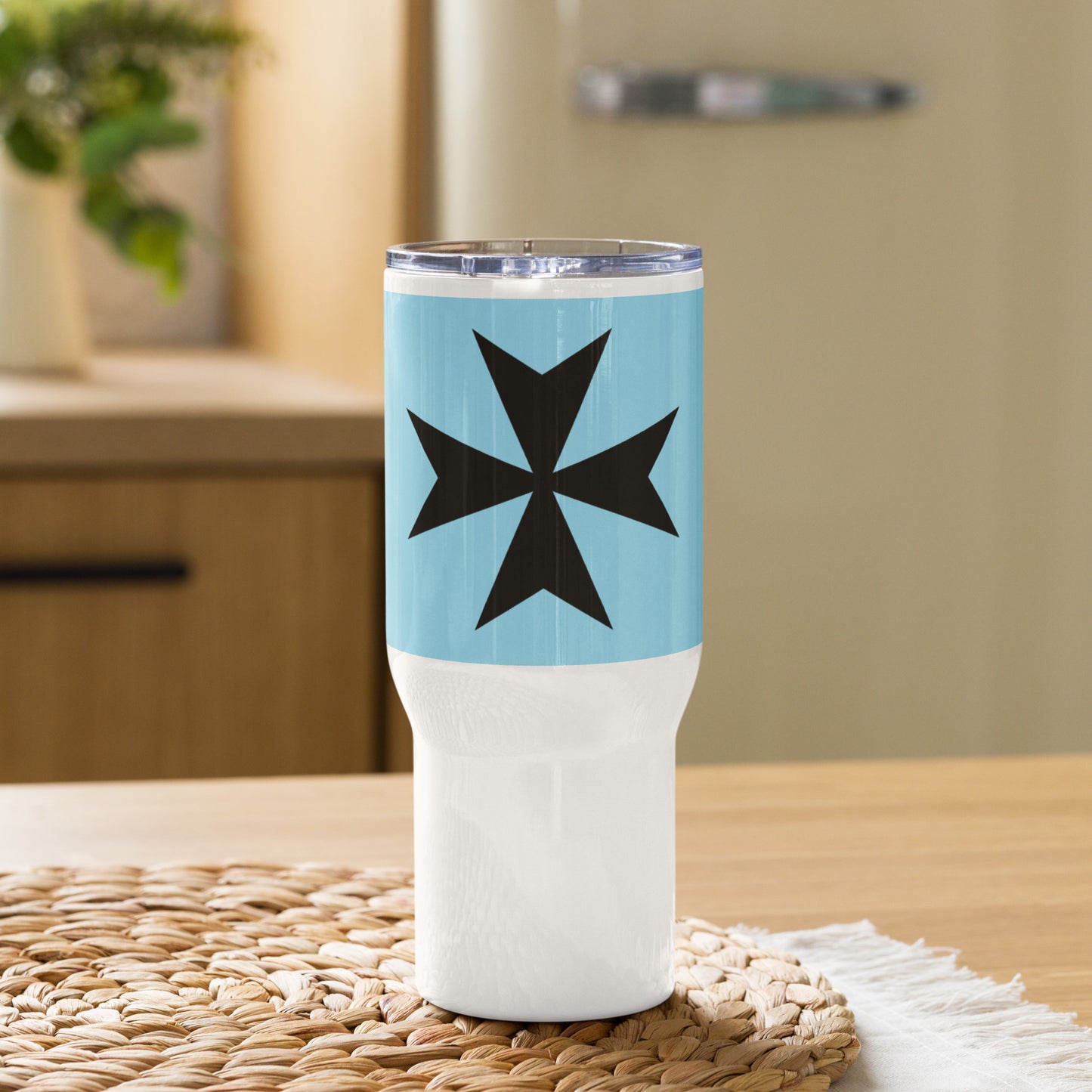 Travel Mug with Handle (White) - Malta Cross Design on Black and Baby Blue Background