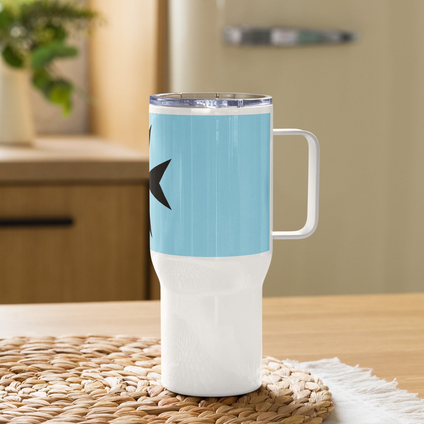 Travel Mug with Handle (White) - Malta Cross Design on Black and Baby Blue Background