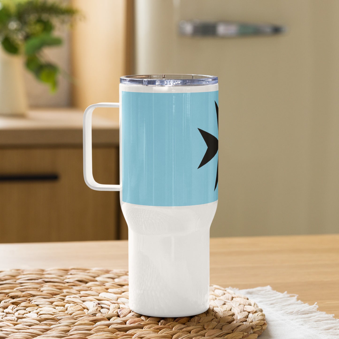 Travel Mug with Handle (White) - Malta Cross Design on Black and Baby Blue Background